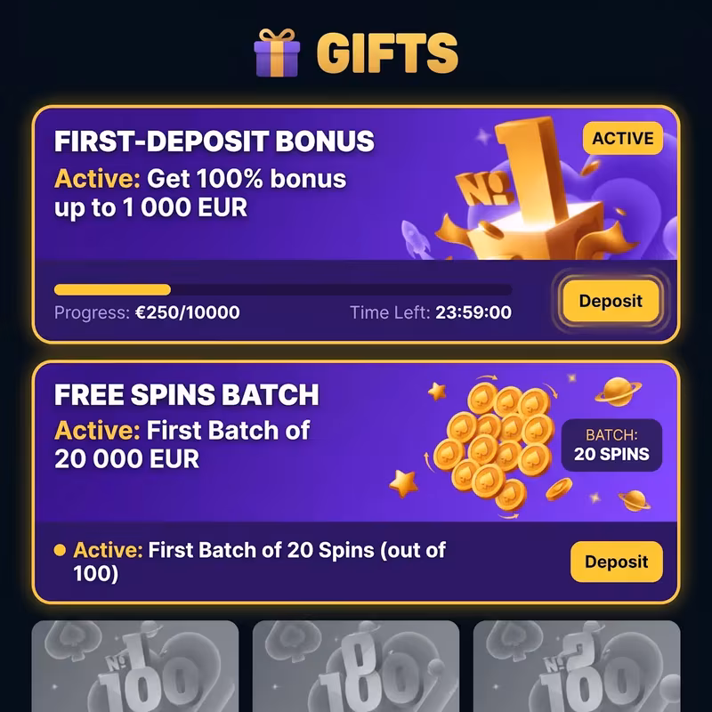Gifts tab with an active first-deposit match and a batch of twenty spins